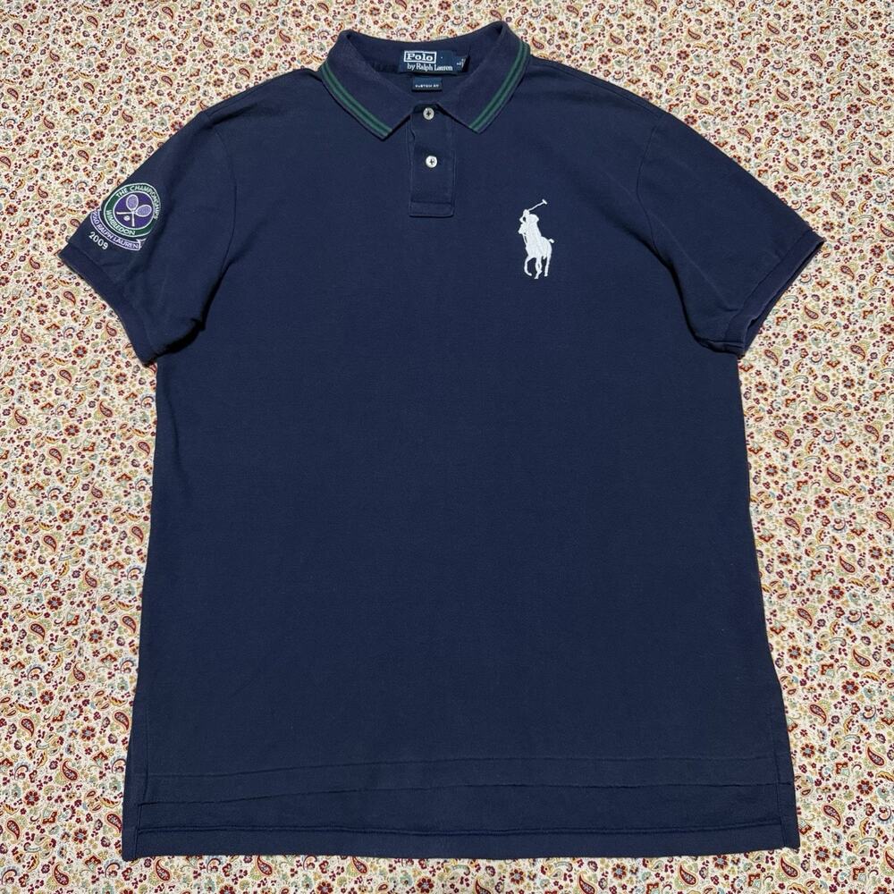 Polo Ralph Lauren White Big Pony Green Accent Navy Polo Shirt Large